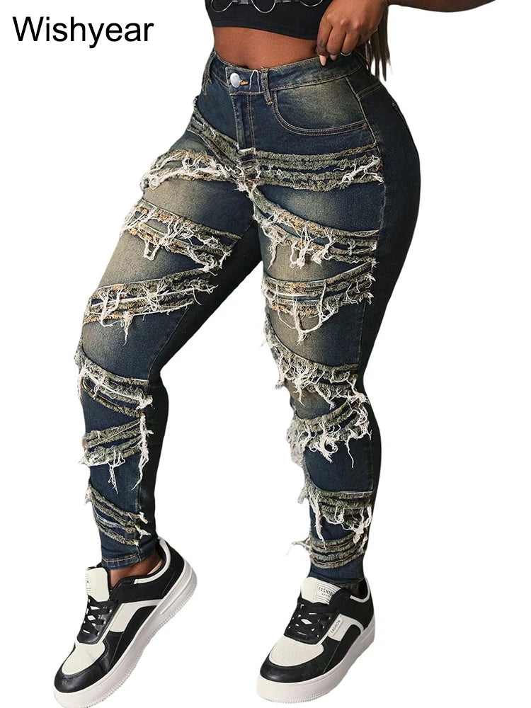 Vintage Pencil Pants Ripped Spliced Women Jeans Distressed Stretch Denim Trouser Wash Dark Blue Skinny Pockets Punk Style y2k