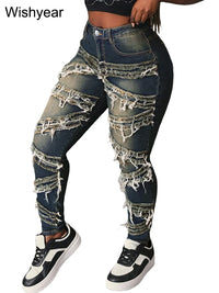 Vintage Pencil Pants Ripped Spliced Women Jeans Distressed Stretch Denim Trouser Wash Dark Blue Skinny Pockets Punk Style y2k