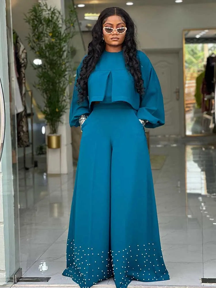 Spring Clothes for Women 2 Piece Sets Women Outfit Lantern Sleeves Suit with Wide Pants and Top High Street Ladies Elegant Sets