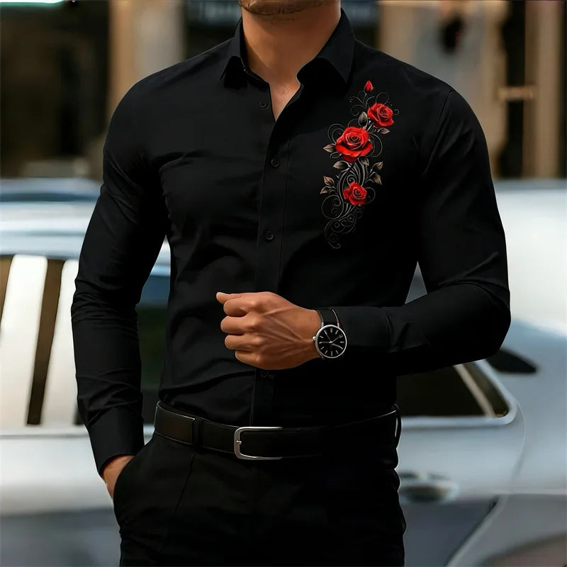 Men's long-sleeved shirt, featuring a vintage red rose print design.  A stylish business casual shirt and fashionable men's top.