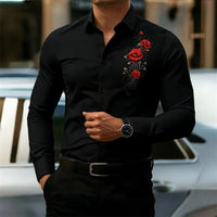 Men's long-sleeved shirt, featuring a vintage red rose print design.  A stylish business casual shirt and fashionable men's top.