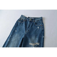 Women's Destroyed Jeans 2025 Spring Summer High Waist Loose Leg Floor-Length Distressed Denim Vintage Daily Staple