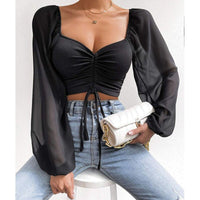 Chiffon Drawstring Crop Top Women Spring Summer Lantern Sleeve V-Neck Fashion Blouses Hight Street Skinny Sexy Shirt Y2K Clothes