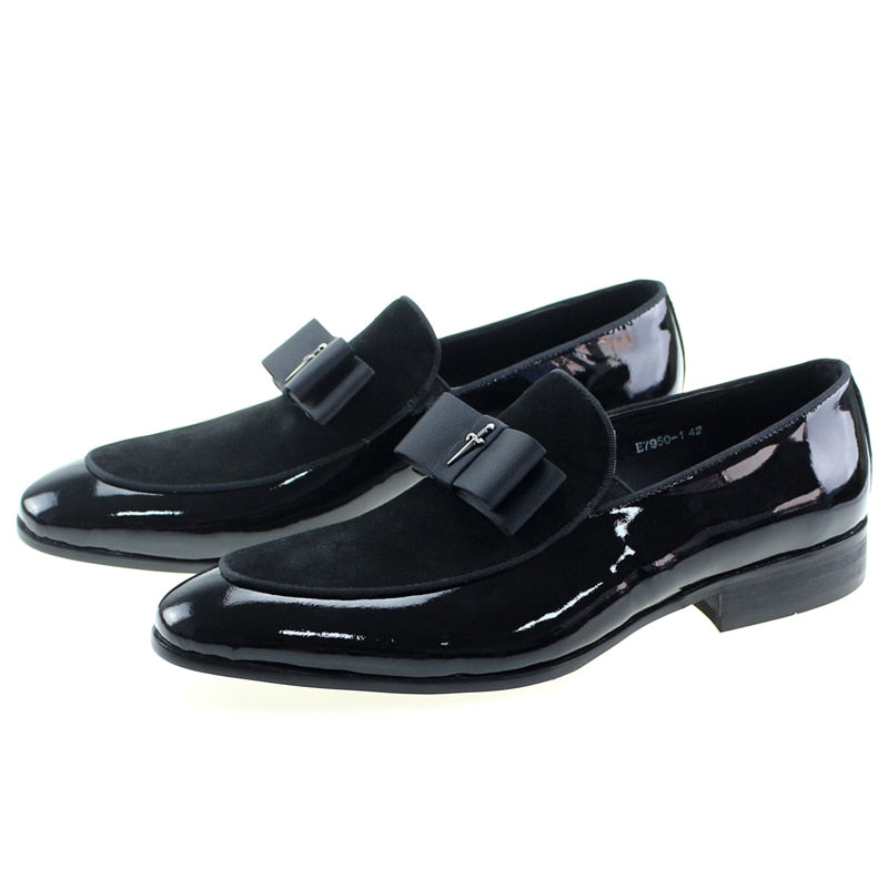 Handmade Mens Loafer Shoes Genuine Patent Leather Suede Patchwork with Bow Tie Wedding Footwear Banquet Dress Shoes for Men