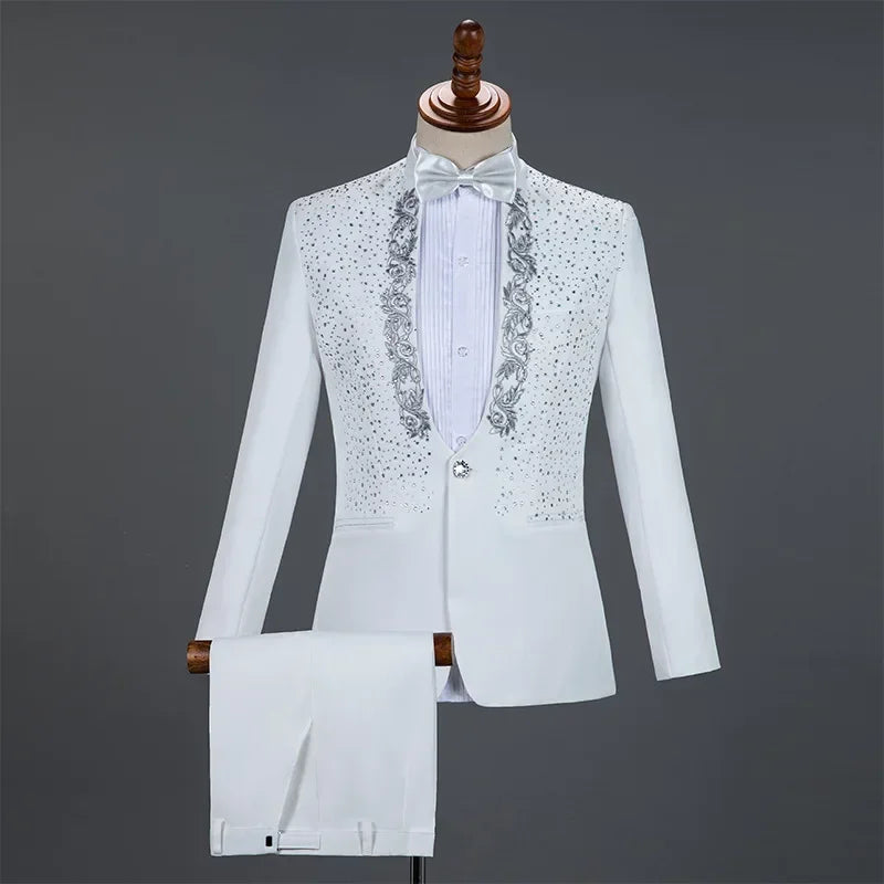 2025 Men's Stage Costume Suit Sets 2PCS Fashion Luxury One Button Sequin Embroidery Suit Jacket+Pants Male Singer Host Clothes