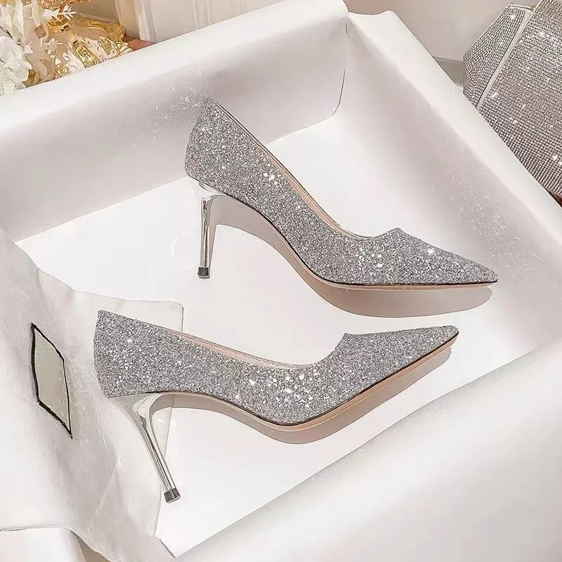 High Heels Women Wedding Shoes Bride Gold Heels Luxury Designer Elegant Party Sandals Dress Strip Pole Dance Sexy Silver Heels