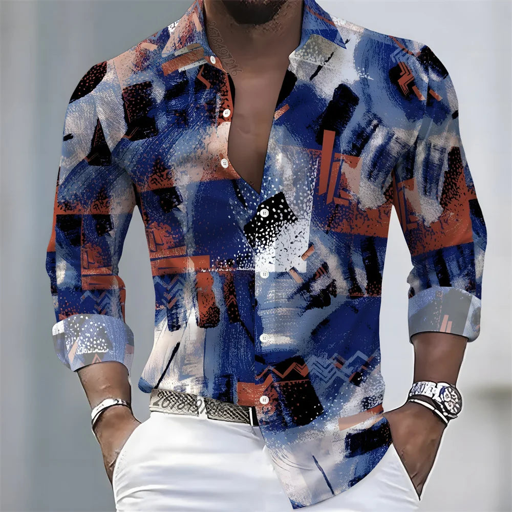 European and American style color-blocked geometric abstract print men's long-sleeved shirt, versatile top for spring and autumn