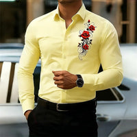 Men's long-sleeved shirt, featuring a vintage red rose print design.  A stylish business casual shirt and fashionable men's top.