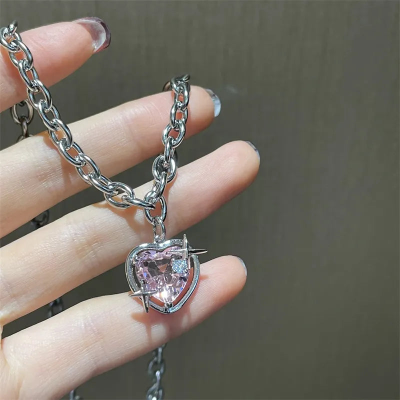 Y2K Accessories Fashion Peach Heart Water Drop Pendant Necklace Pink Crystal Egirl Sweet Cool Clavicle Chain Aesthetic Jewelry