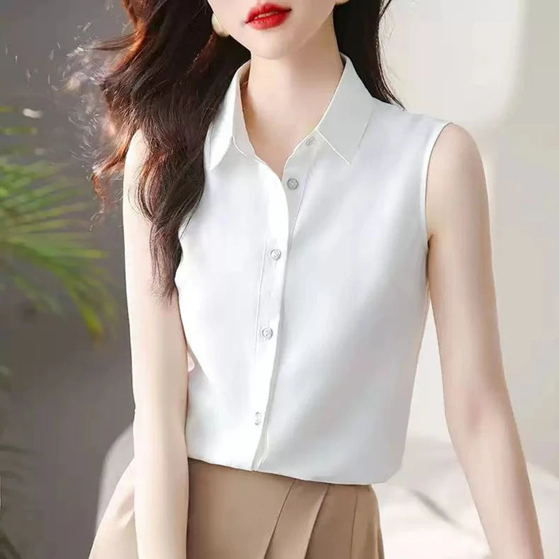 Elegant Lapel Button Solid Color Sleeveless Shirts Women's Clothing 2025 Summer New Loose Chic Tank Top Office Lady Blouses