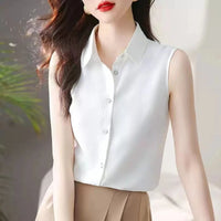 Elegant Lapel Button Solid Color Sleeveless Shirts Women's Clothing 2025 Summer New Loose Chic Tank Top Office Lady Blouses