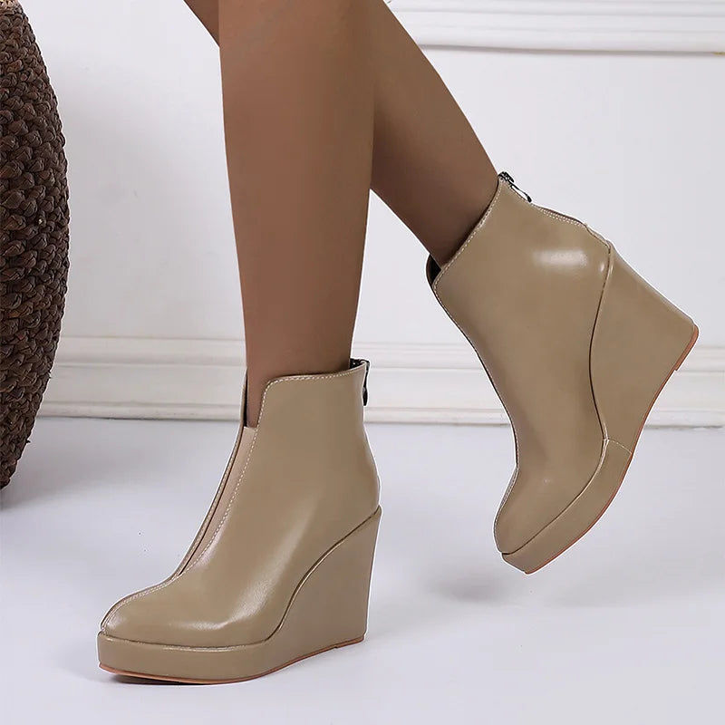 New Autumn Early Winter Shoes Women Ankle Boots Platform Fashion Ladies Wedge Heels 10cm Pure Black White Big Size 42