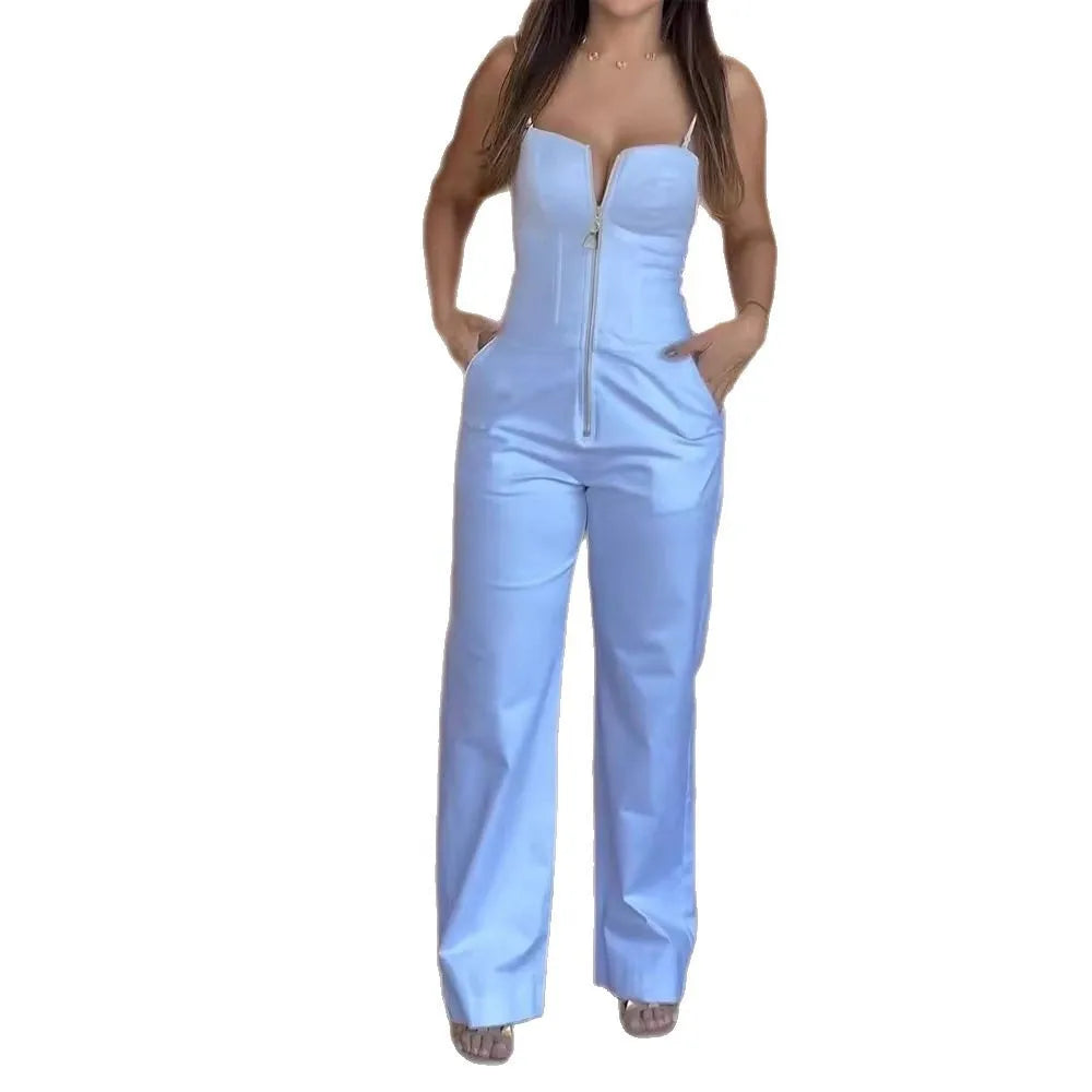 Women's Fashionable High-waist Jumpsuit Office Sexy Zipper Jumpsuit Summer Casual Commuting Solid Color Long Suspender Jumpsuit