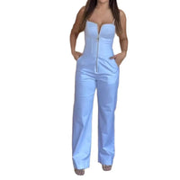 Women's Fashionable High-waist Jumpsuit Office Sexy Zipper Jumpsuit Summer Casual Commuting Solid Color Long Suspender Jumpsuit
