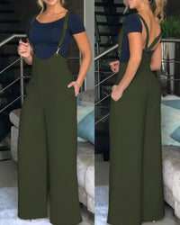 Spring Summer Casual Solid Strap Jumpsuit  Women Fashion High Waist Strap Wide Leg Bodysuit Women