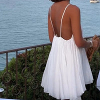 2026 Women White Big Backless Sling Dress O neck Back Zipper Loose Swing Mini Short Dresses Holiday Robe