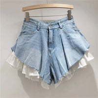 Fashion 2025 Summer New Collection Multi Layer Ruffles Patchwork Light Blue Wide Leg Denim Shorts Women High-waist Short Jeans