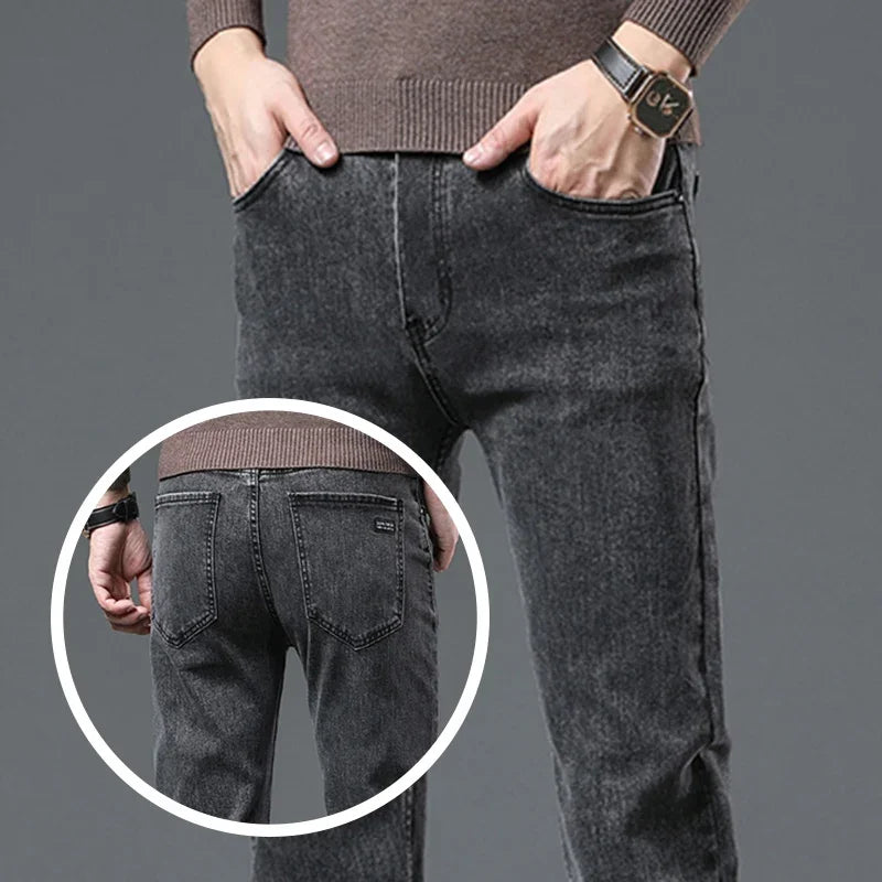 Men Casual Stretch Jeans Male 2025 New Fashion Classic Business Straight Leg Smoke Gray Work Denim Trousers Brand Clothing