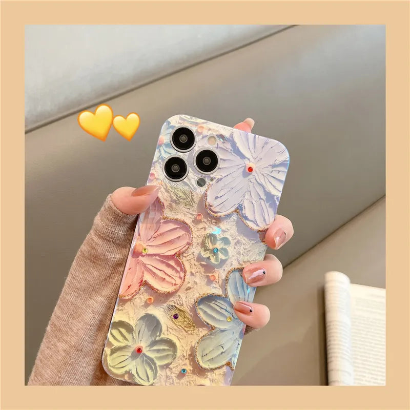 Fashion Flowers Glitter Laser Phone Case For iPhone 15 Pro Max 14 13 12 11 X XS XR 7 8 Plus SE 2020 Luxury Soft Shockproof Cover