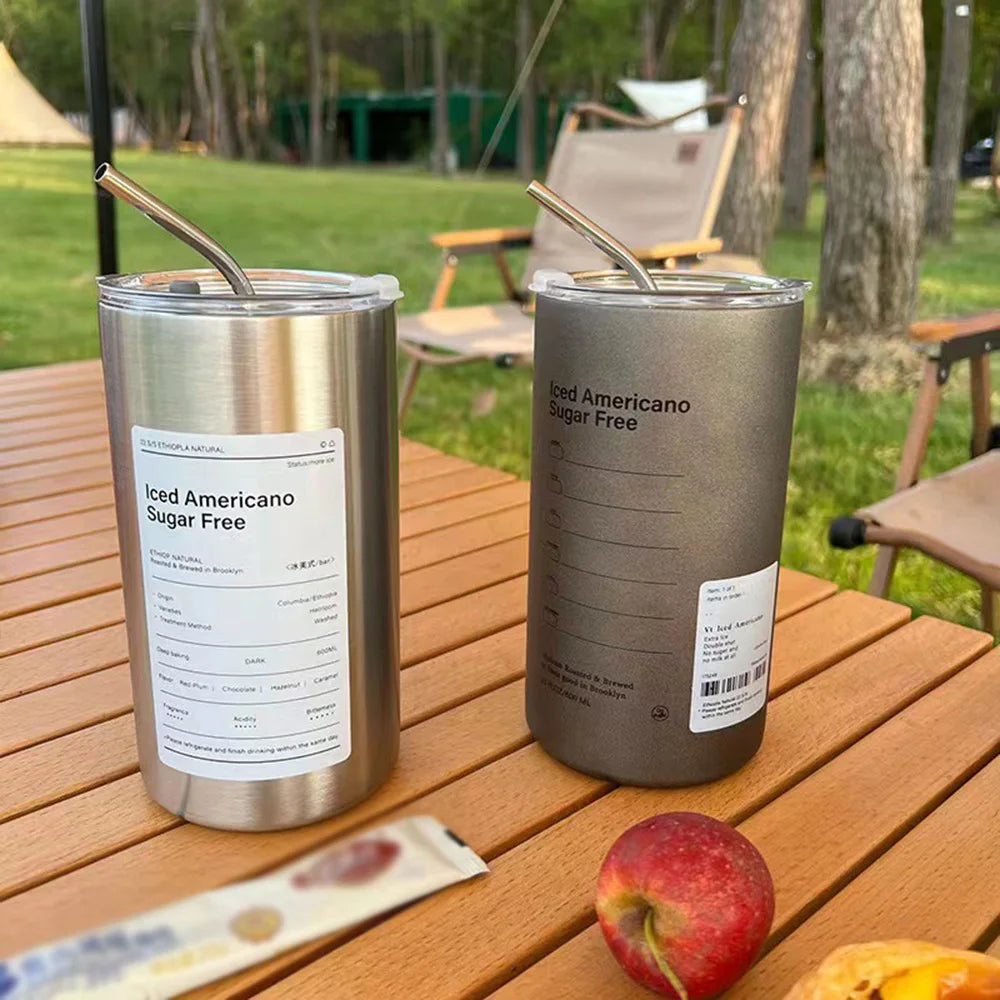 360/600ml Stainless Steel Coffee Cup Double Vacuum Insulated Cup Portable Ice American Keep Cold Coffee Mug with Lid + Straw