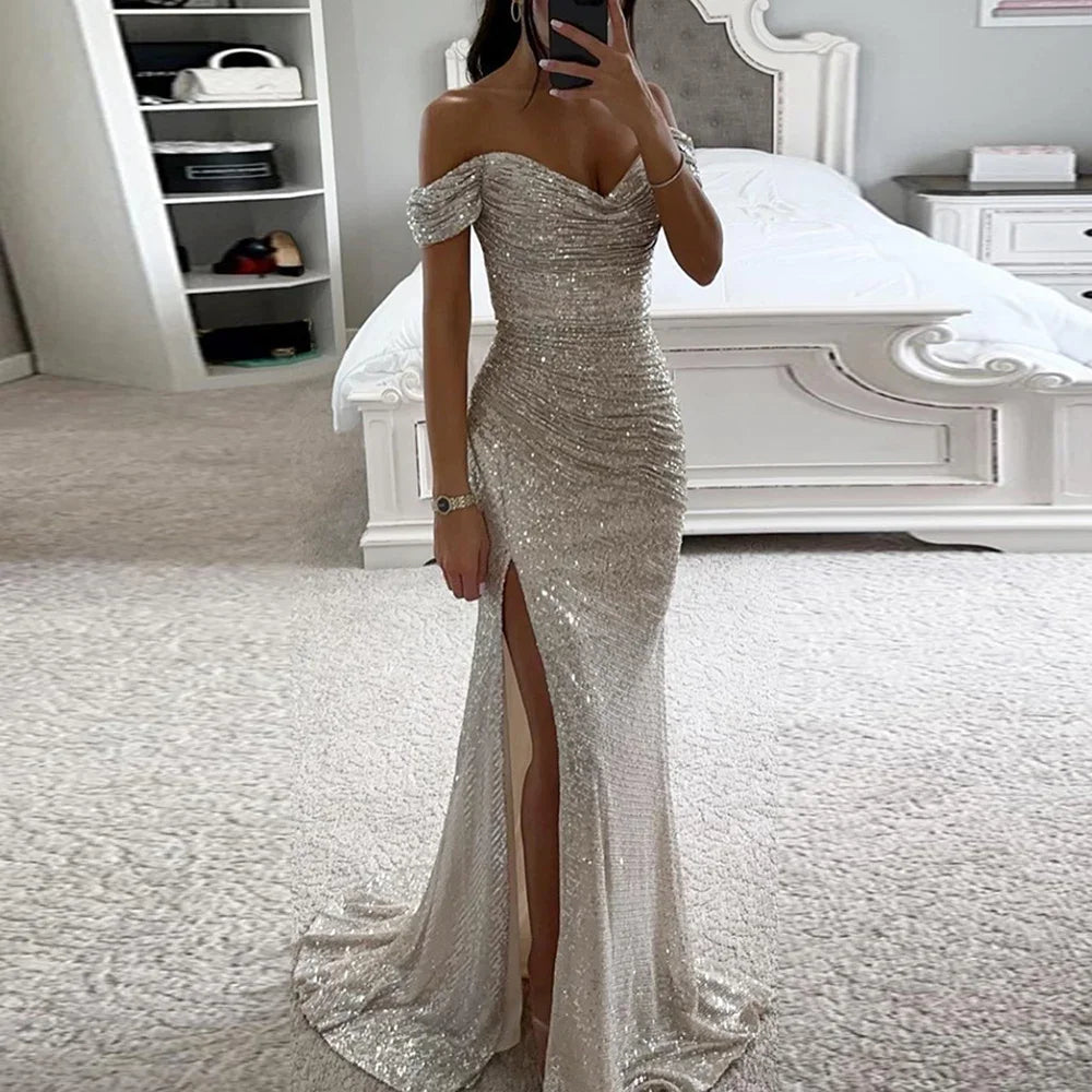 New Women Vintage Sequined V Neck Off Shoulder Slim Sexy Split Long Dress Evening Party Maxi Dresses Party Sequin Dress