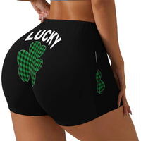 Lucky Plaid Clover St Patrick Day Yoga Shorts for Women High Waisted Biker Shorts Gym Athletic Running Workout Yoga Pants