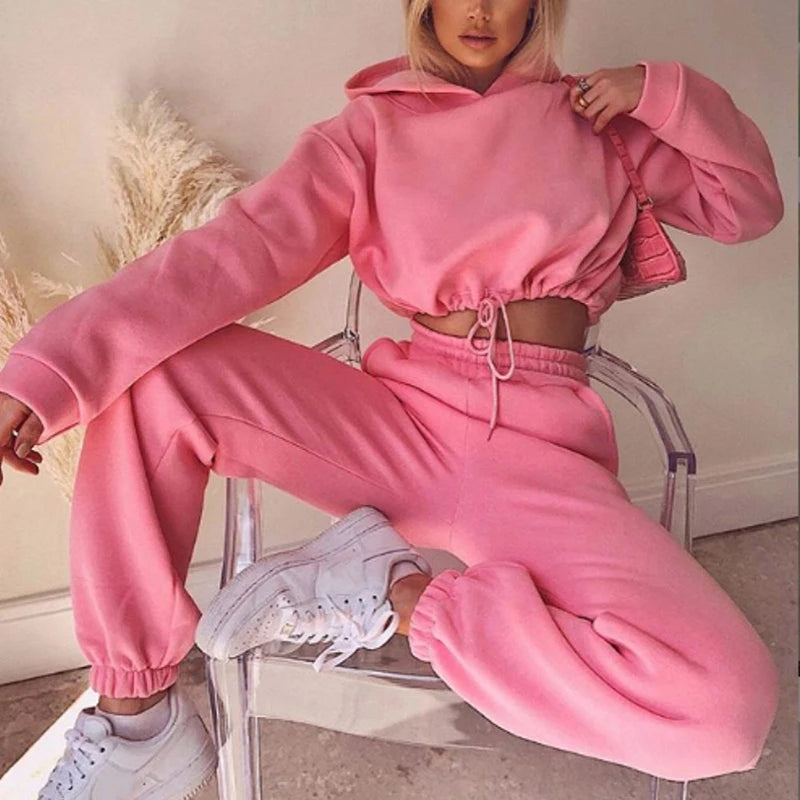 2025 Autumn Winter Women Sweatshirt Set Solid Color Casual Simple Hooded 2 Piece Outfit Set Fashion Gym Jogging  Woman Pant Sets