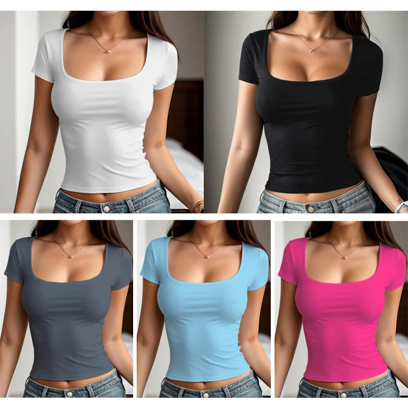 Short Sleeve T-shirt for Women Summer 2026 Solid Color Elastic Square-cut Collar slim fit Tops Sexy Y2k Street Wear Tee Fashion