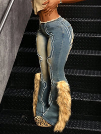 Vintage Fuzzy Patch Fur Trim Flared Denim Jeans for Women, High Waist Stretchy Streetwear