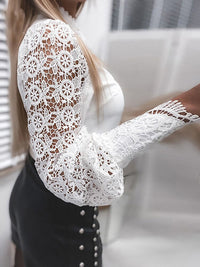 Shirts Elegant Office Ladies White Collared Lace Patchwork Hollow Out Button Up Womens Tops And Blouses 2022 Fashion New Blouse