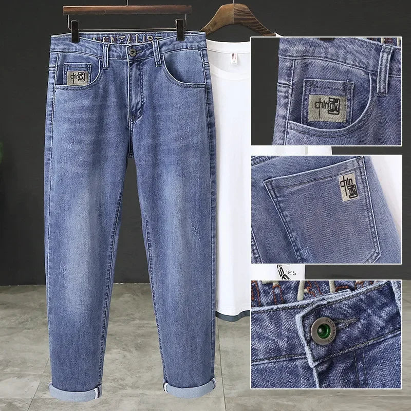 Jeans Spring and Autumn Fashion Jeans Men's Embroidery Elastic Slim Jeanadult Gentleman Comfortable Loose Senior High-end Man