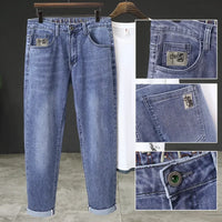 Jeans Spring and Autumn Fashion Jeans Men's Embroidery Elastic Slim Jeanadult Gentleman Comfortable Loose Senior High-end Man