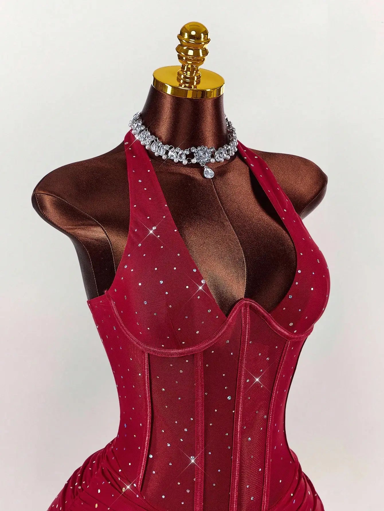 Red Halter Neck Rhinestone Mini Dress with Corset Waist for Party Club Night