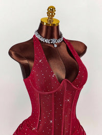 Red Halter Neck Rhinestone Mini Dress with Corset Waist for Party Club Night