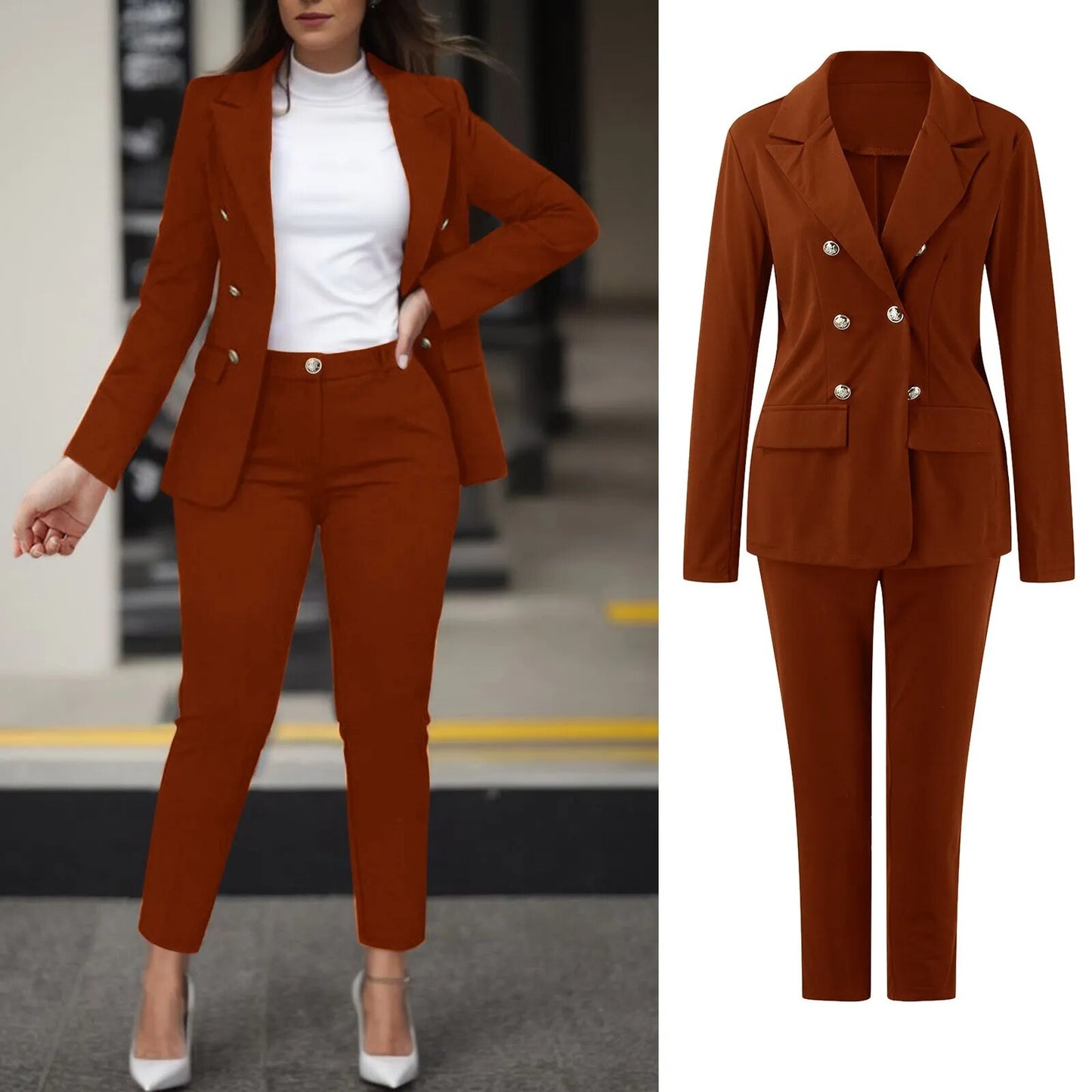 2023 Women's Two Pieces Pant Sets Formal Business Double Breasted Blazers Jacket And Pants 2 Piece Set Elegant Ladies Pant Suits