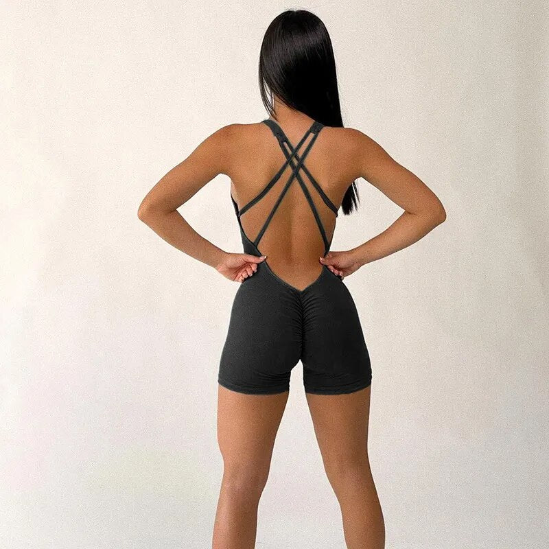 Short Jumpsuit Playsuit Women Sexy Sports One-piece Overalls Fitness Suit Backless Cross Romper Bodysuit Slim Yoga Gym Wear