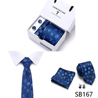 High Quality 7.5 cm Stripe Blue Tie Pocket Square Cufflinks Set For Men Gift Box Wedding Gravatas Fit Workplace