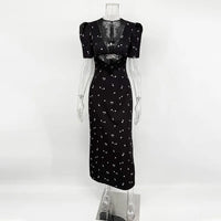 TARUXY Sexy Hollow Lace Dress Women's Fashion Short Sleeve Elegant High Waist Slim Print Dress Summer Party Club Clothes Female