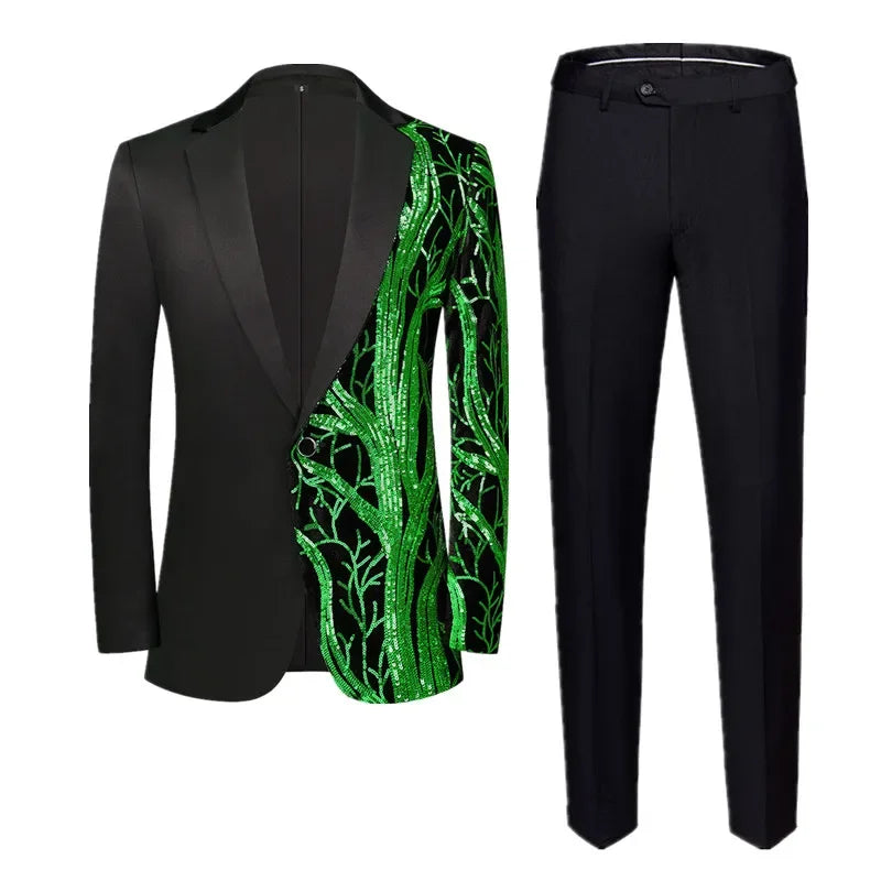 Red Sequin Blazer & Pants Set , Men's Shiny Party Outfit Suits for Weddings, Concerts & Festive Celebrations