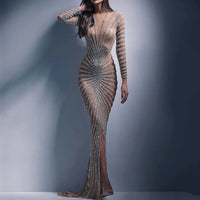 Women Sexy Mesh Sequins Split Fishtail Dresses Female V-Neck Long Sleeve Maxi Dress Summer Elegant Lady Party Evening Long Dress