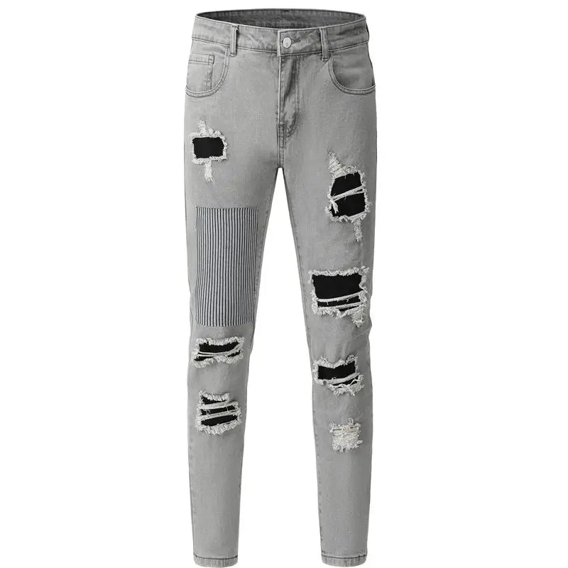 Men Pleated Patch High Stretch Denim Jeans Streetwear Vintage Blue Grey Skinny Tapered Biker Pants Ripped Distressed Trousers