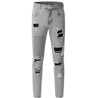 Men Pleated Patch High Stretch Denim Jeans Streetwear Vintage Blue Grey Skinny Tapered Biker Pants Ripped Distressed Trousers