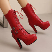 Women Punk Style Lace-Up Ankle Boots Belt Buckle Platform High Heels Short Boot Female White Autumn Winter Round Toe Shoes 2025