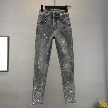 Women's Jeans 2025 Summer New Elastic Slim Heavy Industry Hot Diamond Small Foot Pencil Pants Female Casual Denim Trousers