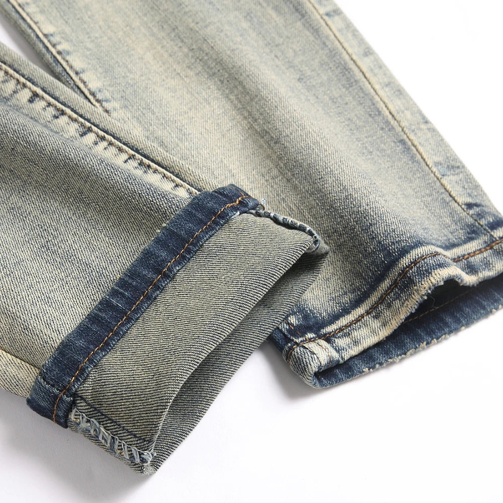 Men's Snake Embroidery Stretch Denim Jeans Streetwear Red Leather Patch Slim Tapered Pants with Holes And Rips Trousers