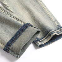 Men's Snake Embroidery Stretch Denim Jeans Streetwear Red Leather Patch Slim Tapered Pants with Holes And Rips Trousers