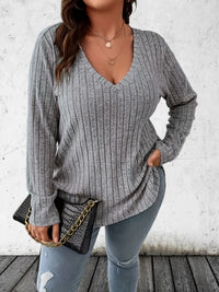 Plus Size 1XL-5XL  Women's Casual Fashion V Neck Long Sleeve T-Shirt  LadiesWomen's Plus Size Solid Ribbed T-Shirt Clothing