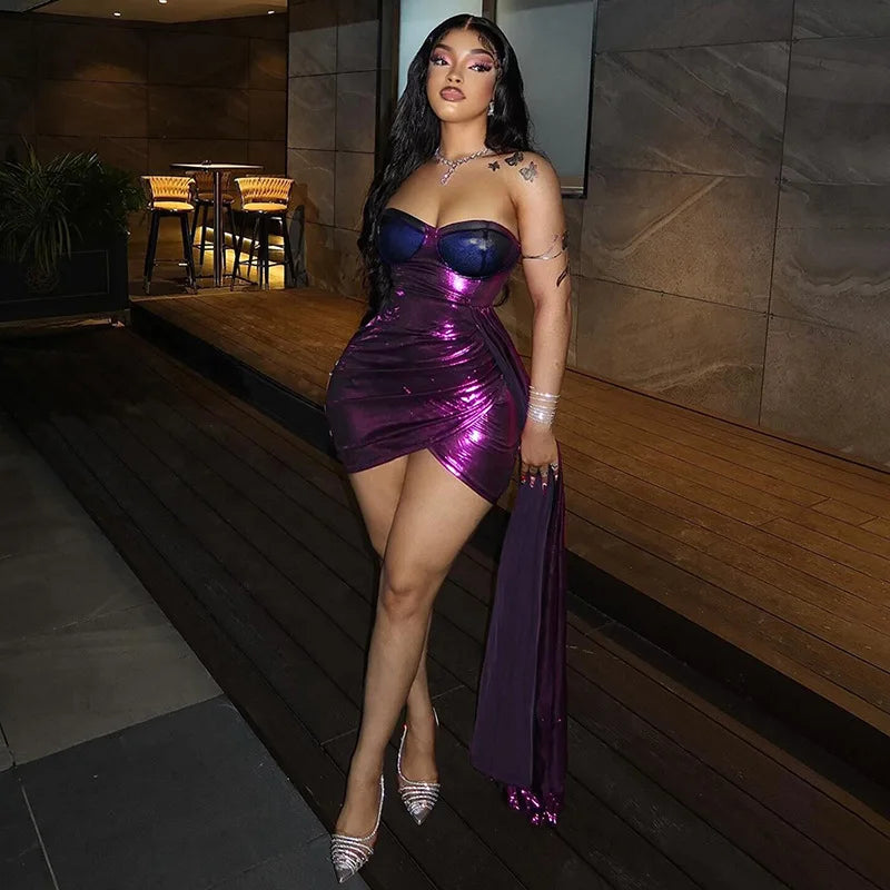 2025 Autumn New Sexy Spice Ice Silk Splicing Tube Top Irregular Hip Wrap Dress Women's Nightclub Mini Purple