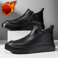 Men's Black Boots Versatile Casual Leather Boots Zipper PU Flat Bottom Casual Walking Shoes Autumn and Winter Men One Foot Shoes