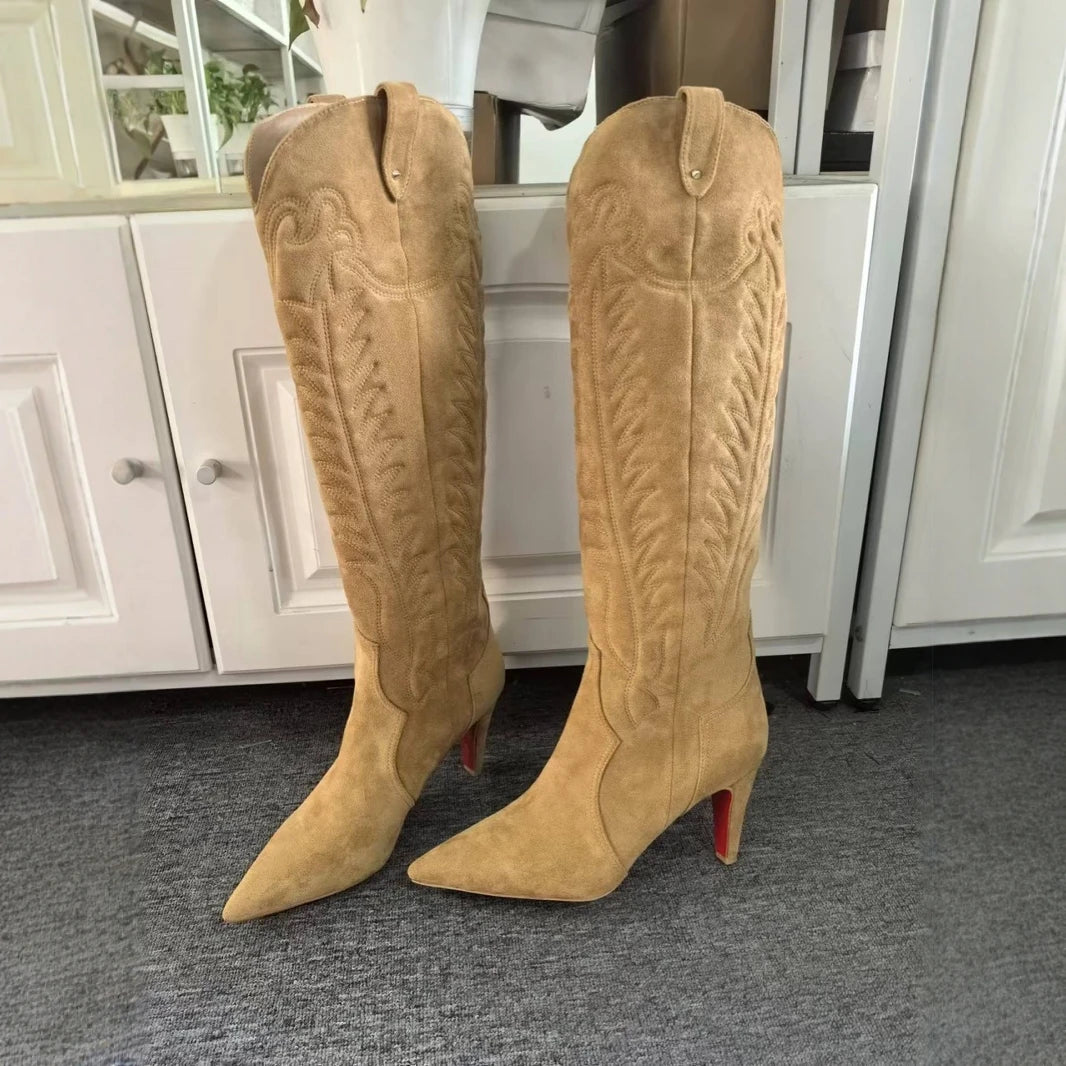 Slip On Winter Long Booties Sexy Pointed Toe Flannel Boats Embroidered Leather Knee-High Boots Women High Heels Designer Style